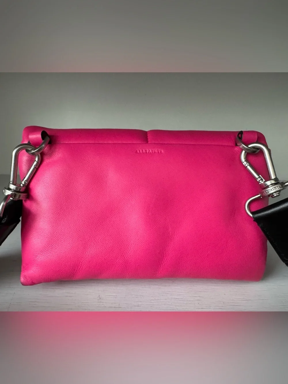 All Saints Ezra Quilted Crossbody Bag Purse Pink Black Logo‎